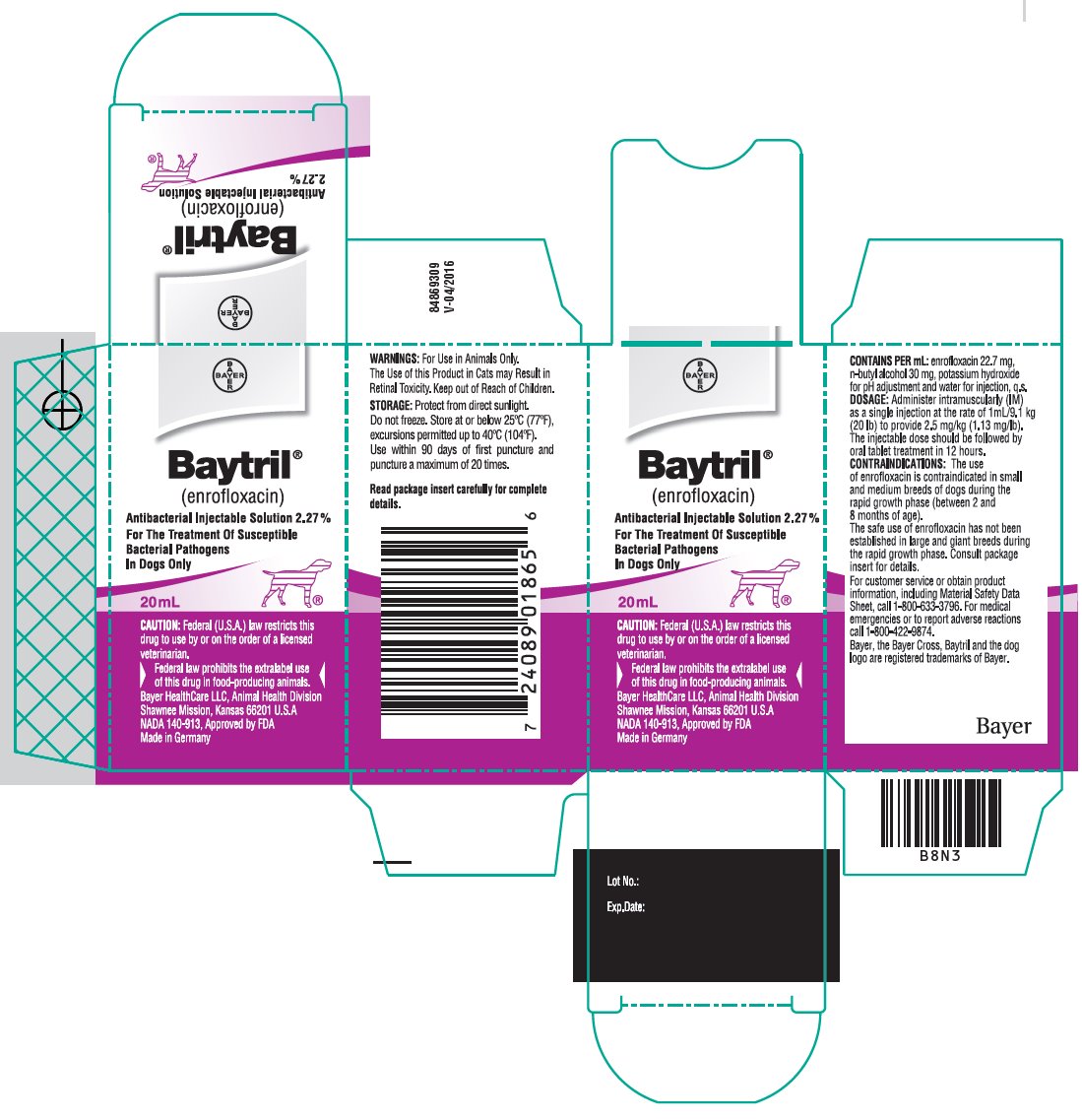 Baytril (enrofloxacin) Antibacterial Injectable Solution 2.27% carton label