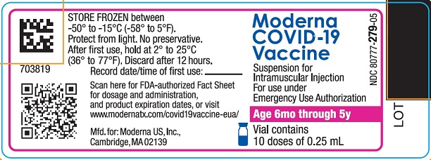 Moderna COVID-19 Vaccine Suspension for Intramuscular Injection for use under Emergency Use Authorization-Age 6mo through 5y Multi-Dose Vial Label (10 doses of 0.25 mL)