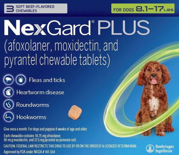 Picture of display carton containing 3 chewables for dogs 8.1 - 17 lbs