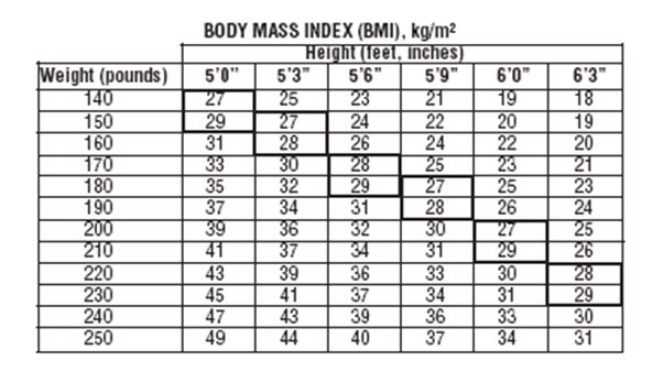 Body Mass Index Chart of Weight versus Height