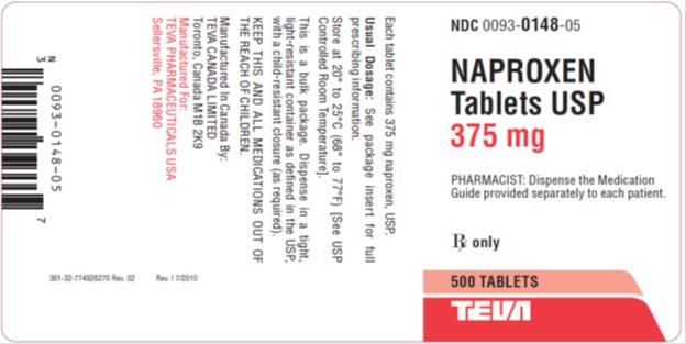 Naproxen Tablets USP 375 mg, 500s Label
