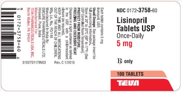 Lisinopril Tablets USP Once-Daily 5 mg, 100s Label