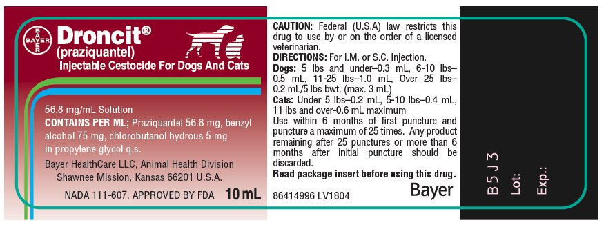 Droncit (praziquantel) Injectable Cestocide For Dogs and Cats 56.8 mg/mL Solution unit label