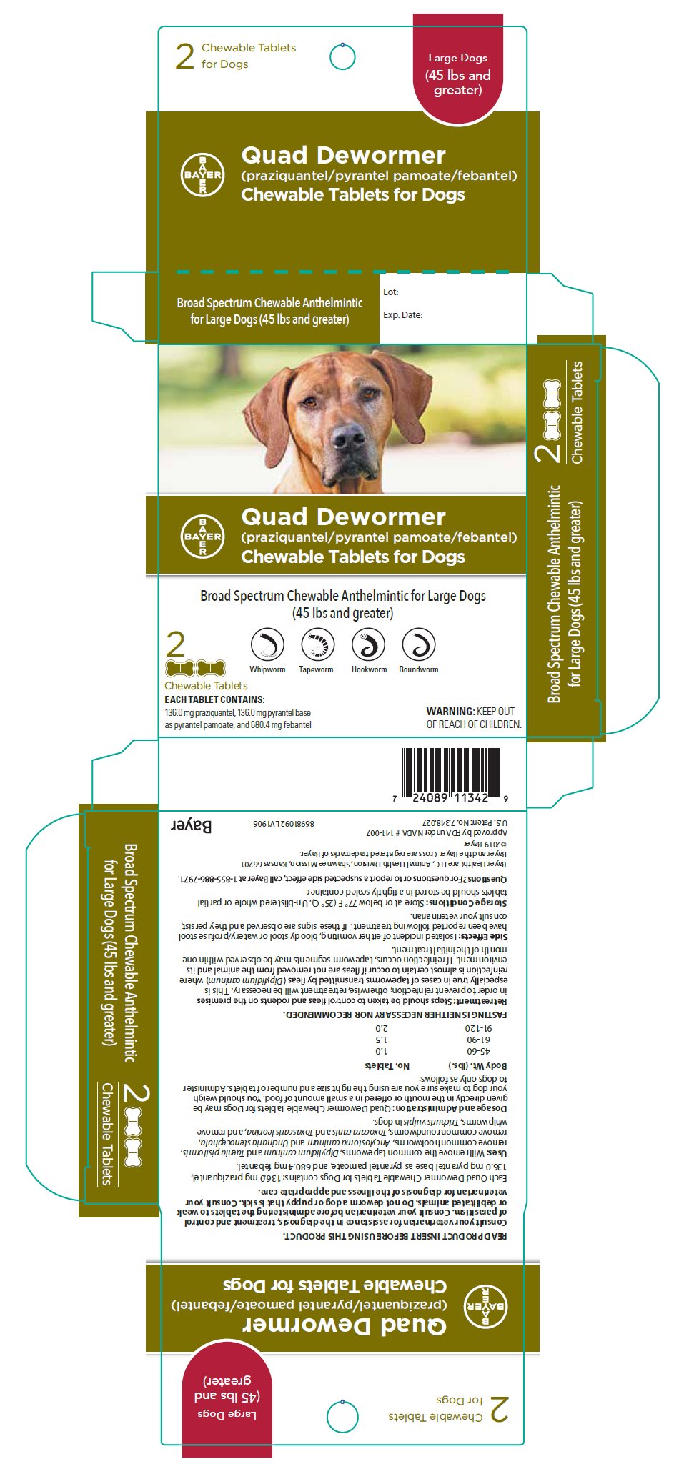 Quad Dewormer (praziquantel/pyrantel pamoate/febantel) Chewable Tablets for Dogs label - large dogs (45 lbs and greater)
