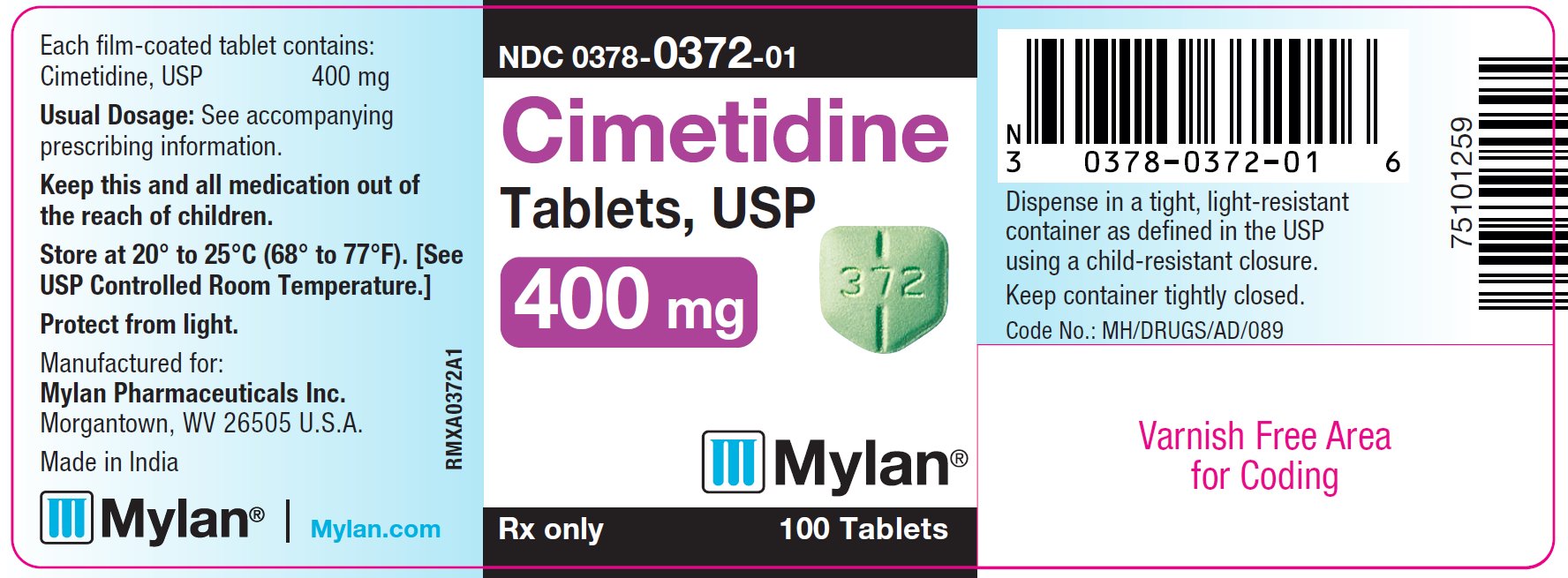 Cimetidine Tablets 400 mg Bottle Label