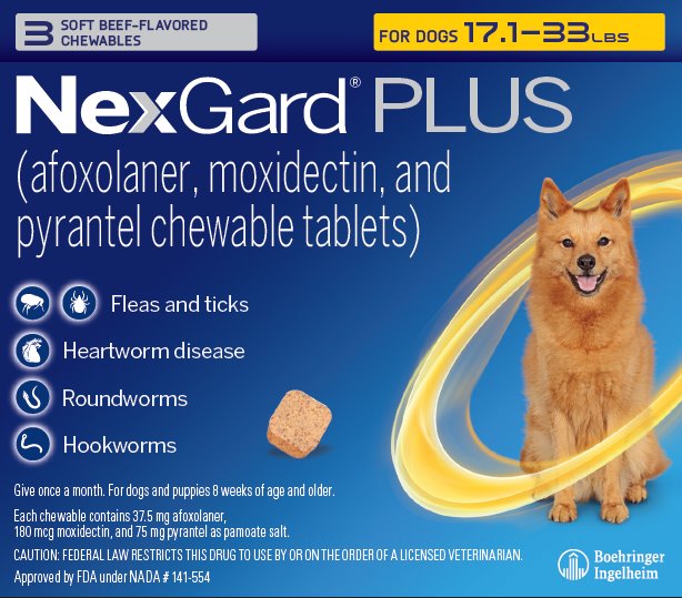 Picture of display carton containing 3 chewables for dogs 17.1 - 33 lbs