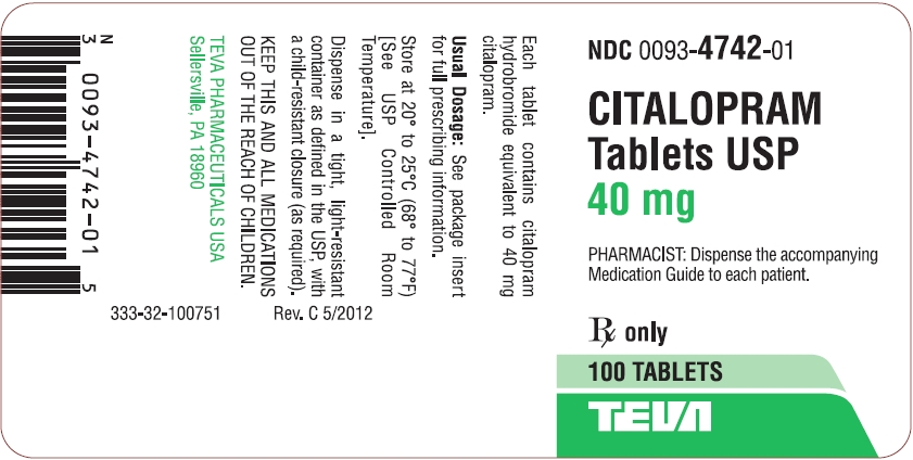 Citalopram Tablets USP 40 mg 100s Label
