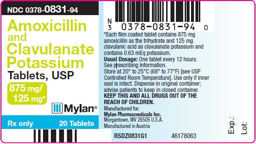  Amoxicillin and Clavulanate Potassium Tablets, USP 875 mg/125 mg Bottle Label