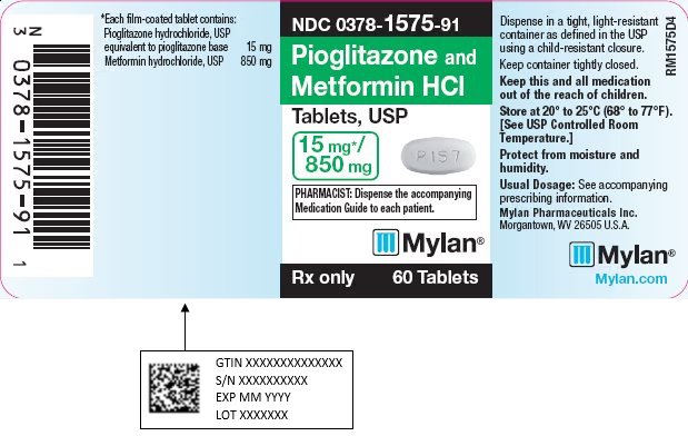 Pioglitazone and Metformin HCl Tablets, USP 15 mg/850 mg Bottle Label