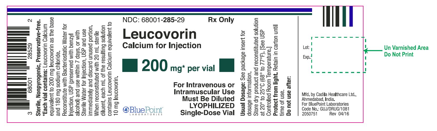 Leucovorin Calcium for Injection 200mg vial label