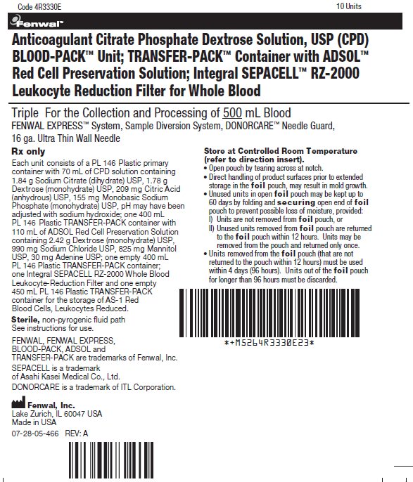 Anticoagulant Citrate Phosphate Dextrose Solution, USP (CPD) BLOOD-PACK™ Unit; TRANSFER-PACK™ Container with ADSOL™ Red Cell Preservation Solution; Integral SEPACELL™ RZ-2000 Leukocyte Reduction Filter for Whole Blood label
