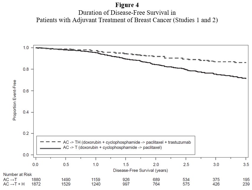 Figure 4 Duration of Disease-Free Survival in Patients with Adjuvant Treatment of Breast Cancer (Studies 1 and 2)