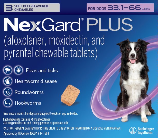 Picture of display carton containing 3 chewables for dogs 33.1 - 66 lbs