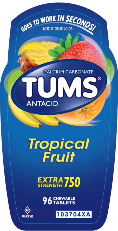 Tums Extra Strength Tropical Fruit 96 count front label