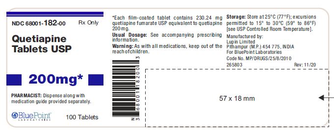Quetiapine Tablets USP 200mg 100 Tablets, NDC 68001-182-00, Pithampur