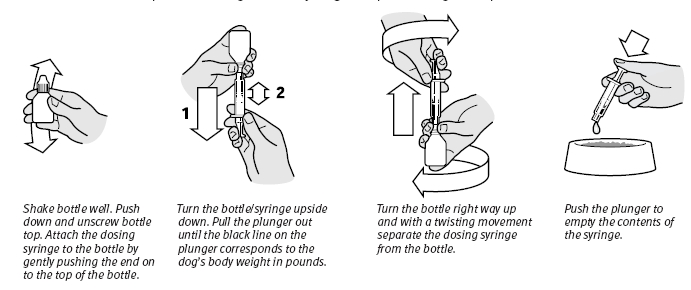 Four diagrams showing how to use syringe.