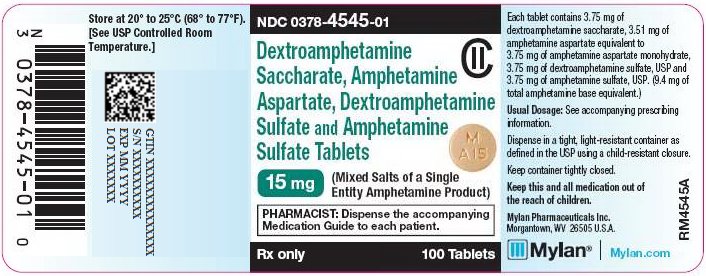 Dextroamphetamine Saccharate, Amphetamine Aspartate, Dextroamphetamine Sulfate and Amphetamine Sulfate Tablets 15 mg Bottle Label