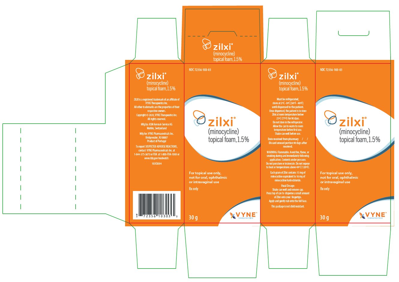 Zilxi (minocycline) topical foam, 1.5% carton label - 30 gram