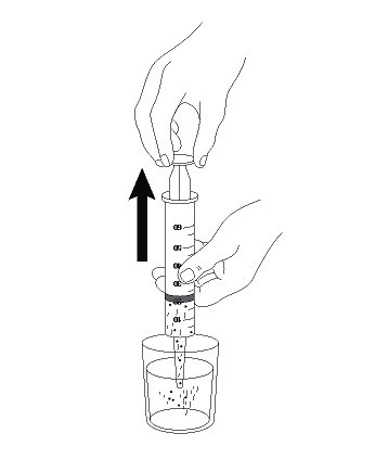 Draw up the prepared AQNEURSA oral suspension into a catheter tip syringe