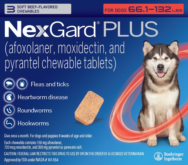 Picture of display carton containing 3 chewables for dogs 66.1 - 132 lbs