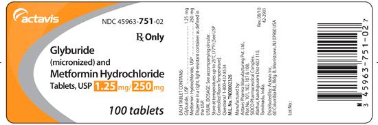 Glyburide (micronized) and Metformin Hydrochloride Tablets USP 1.25 mg/250 mg, 100s Label