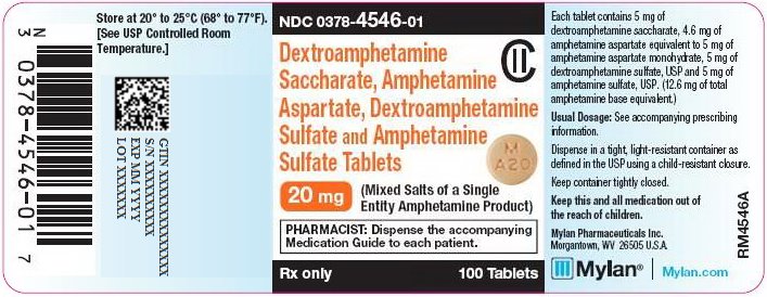 Dextroamphetamine Saccharate, Amphetamine Aspartate, Dextroamphetamine Sulfate and Amphetamine Sulfate Tablets 20 mg Bottle Label