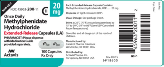 Methylphenidate Hydrochloride Extended-Release Capsules (LA) CII 20 mg, 100s Label