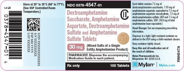 Dextroamphetamine Saccharate, Amphetamine Aspartate, Dextroamphetamine Sulfate and Amphetamine Sulfate Tablets 30 mg Bottle Label