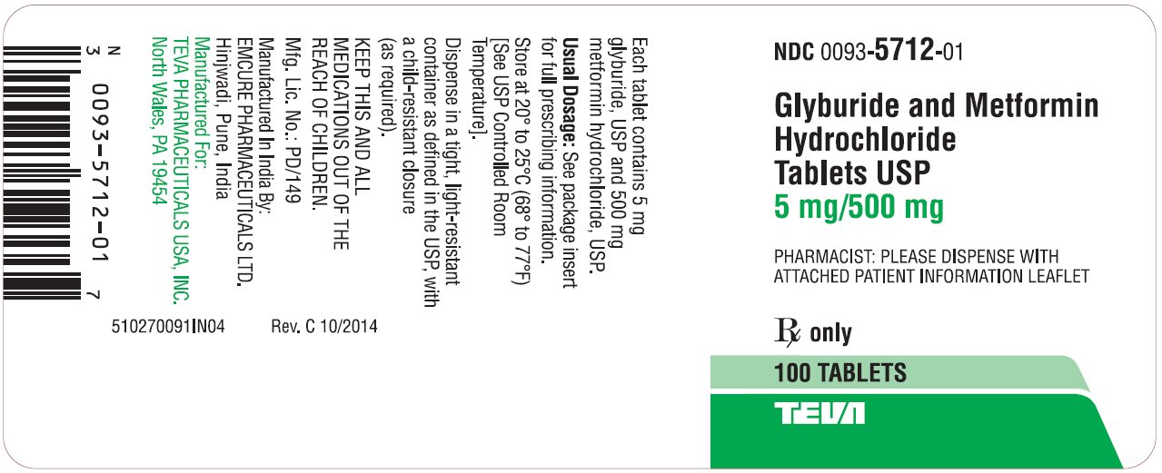 Glyburide and Metformin Hydrochloride Tablets USP 5 mg/500 mg 100s Label 