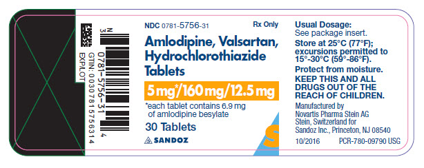 PRINCIPAL DISPLAY PANEL Package Label – 5 mg / 160 mg / 12.5 mg Rx Only  NDC 0781-5756-31 AMLODIPINE, VALSARTAN, HYDROCHLOROTHIAZIDE TABLETS  (amlodipine, valsartan, hydrochlorothiazide) 5 mg* / 160 mg / 12.5 mg *each tablet contains 6.9 mg of amlodipine besylate 30 Tablets