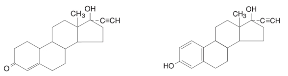 Structural formulas for norethindrone and ethinyl estradiol