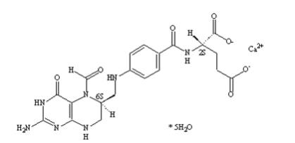 The molecular structure for Levoleucovorin for injection is the calcium salt in a pentahydrate form of levoleucovorin. Levoleucovorin is a folate analog and the pharmacologically active levo-isomer of d,l-leucovorin. The chemical name of the salt is calcium (6S)-N-{4-[[(2-amino-5-formyl-1,4,5,6,7,8-hexahydro-4-oxo-6-pteridinyl)methyl] amino]benzoyl}-L-glutamate pentahydrate. The molecular formula is C20H21CaN7O7 • 5 H2O with molecular weight 601.6 amu.