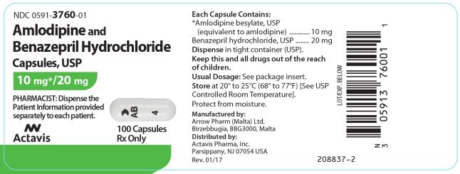PRINCIPAL DISPLAY PANEL NDC 0591-3760-01 Amlodipine and Benazepril Hydrochloride Capsules, USP 10 mg/20 mg 100 Capsules Rx Only