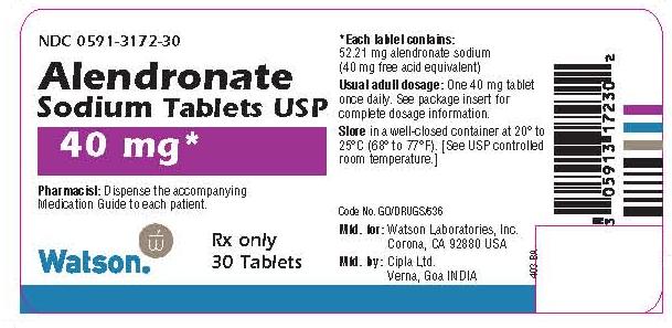 NDC 0591-3172-30 Alendronate Sodium Tablets USP 40 mg* Watson® Rx only 30 Tablets
