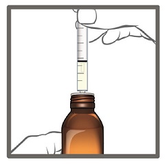 6. When you have measured the correct dose of EPIDIOLEX, leave the oral syringe in the bottle adapter and turn the bottle right side up.