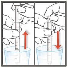 10. Fill a cup with warm soapy water and clean the oral syringe by drawing water in and out of the syringe using the plunger.
