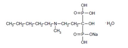 The following structural formula for Ibandronate sodium is a nitrogen-containing bisphosphonate that inhibits osteoclast-mediated bone resorption. The chemical name for ibandronate sodium is 3-(N-methyl-N-pentyl) amino-1-hydroxypropane-1,1-diphosphonic acid, monosodium salt, monohydrate with the molecular formula C9H22NO7P2Na•H2O and a molecular weight of 359.24. Ibandronate sodium is a white- to off-white powder. It is freely soluble in water and practically insoluble in organic solvents.