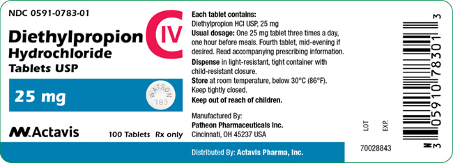 Diethylpropion Hydrochloride Tablets USP CIV 25 mg NDC 0591-0783-01 Bottle label 100 tablets
