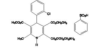 The structural formula for Amlodipine besylate, USP is a white to pale yellow crystalline powder, slightly soluble in water and sparingly soluble in ethanol. Its chemical name is (R,S)3-ethyl-5-methyl-2-(2-aminoethoxymethyl)-4-(2-chlorophenyl)-1,4-dihydro-6-methyl-3,5-pyridinedicarboxylate benzenesulfonate.