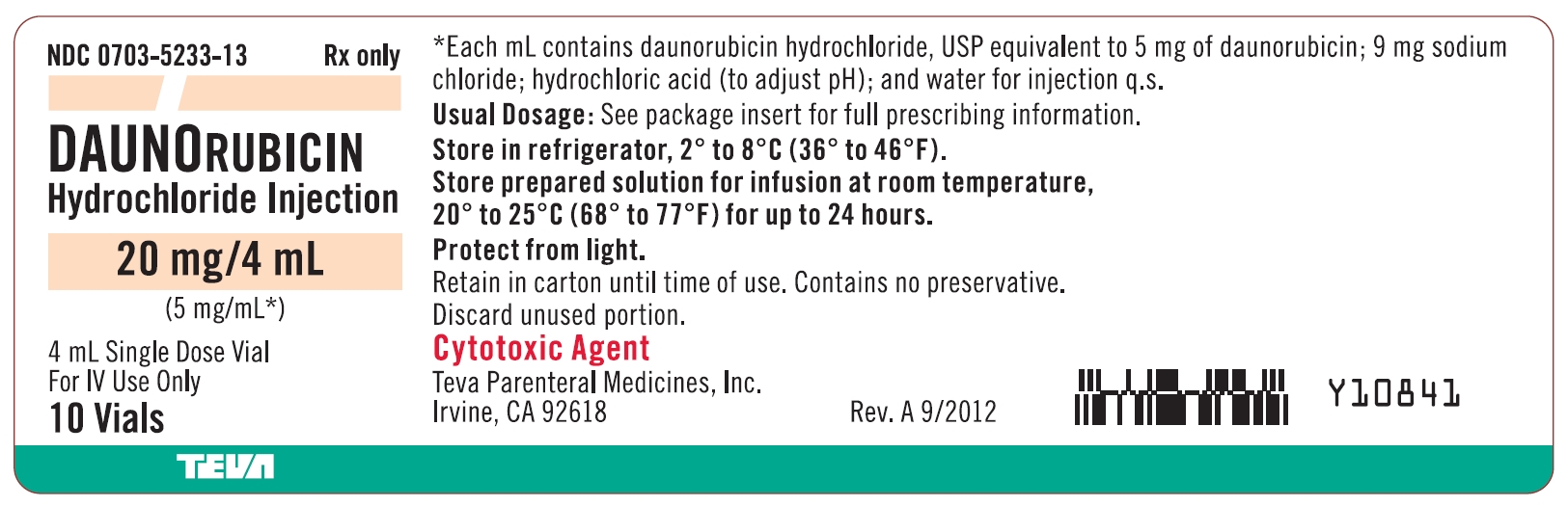 DAUNORUBICIN Hydrochloride Injection 20 mg/4 mL, 10 Single Dose Vial Tray Label
