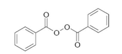 The structural formula for benzoyl peroxide.