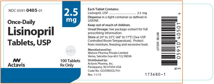 NDC 0591-0405-01 Lisinopril Tablets, USP 100 Tablets Rx Only