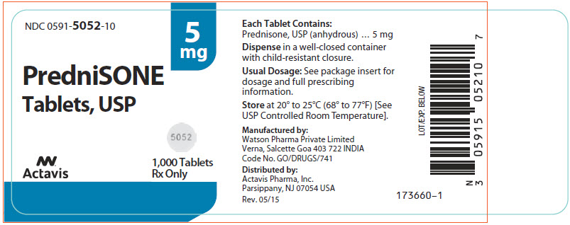 NDC 0591-5052-10 PredniSONE Tablets, USP 5 mg 1,000 Tablets Rx only