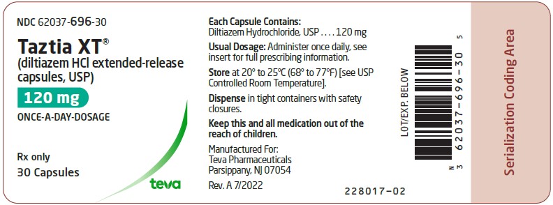 NDC 62037-696-30 Taztia XT® (diltiazem HCI extended- release capsules, USP) ONCE-A-DAY DOSAGE 120 mg Watson® 30 Capsules Rx only Each capsule contains: Diltiazem Hydrochloride USP, 120 mg Usual dosage: Administer once daily, see insert for full prescribing information. Dispense in tight containers with safety closures. Store at controlled room temperature, 20º-25ºC (68º-77ºF). [See USP.] Keep this and all medication out of the reach of children. Manufactured By: Watson Laboratories, Inc. Corona, CA 92880 USA 7092 (03/08) Distributed By: Watson Pharma, Inc.