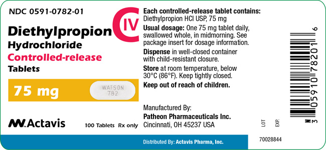 Diethylpropion Hydrochloride Controlled-release Tablets CIV 75 mg NDC 0591-0782-01 Bottle label 100 tablets
