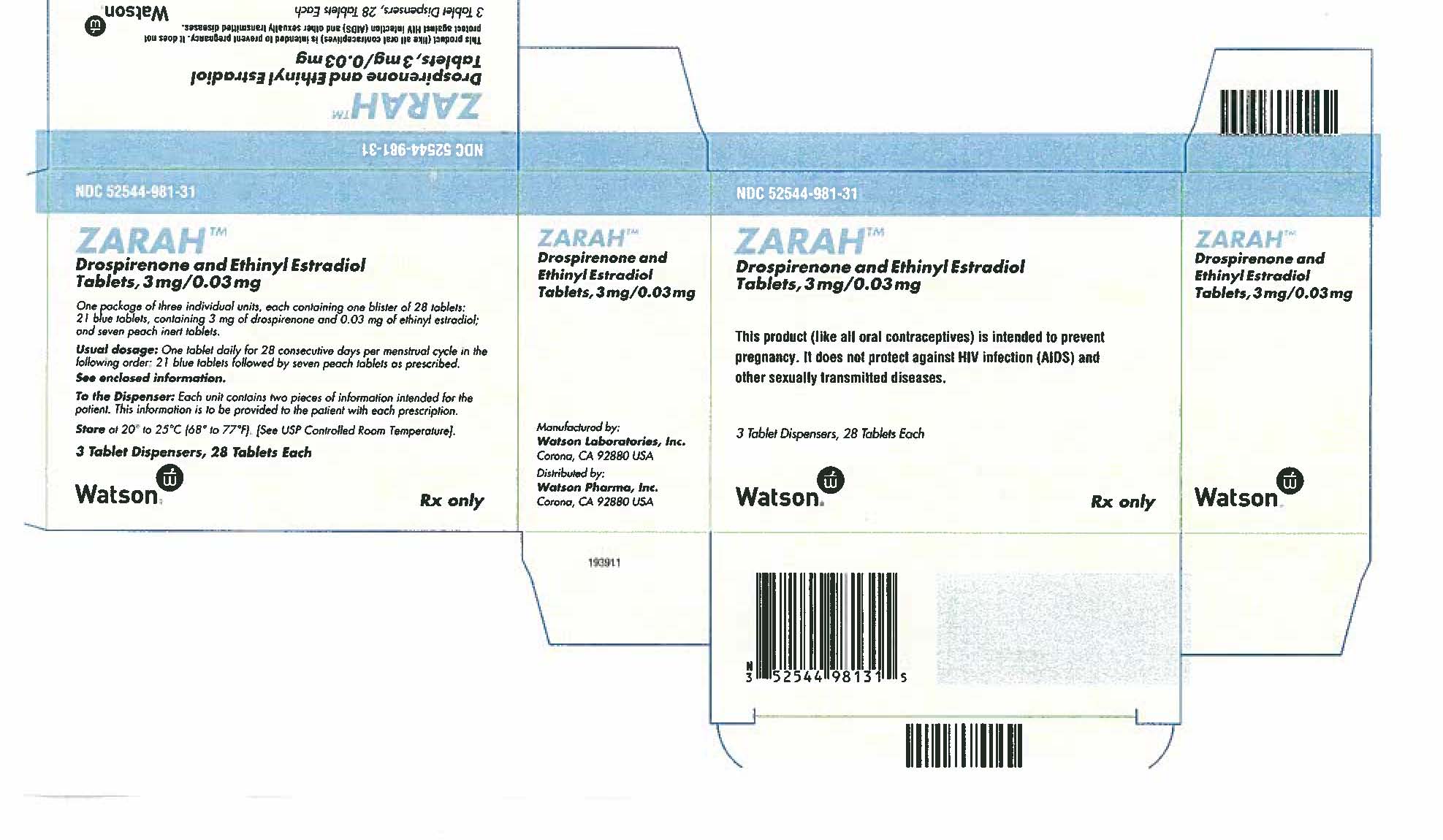 NDC 52544-981-31
ZARAH™
Drospirenone and Ethinyl Estradiol
Tablets, 3 mg/0.03 mg