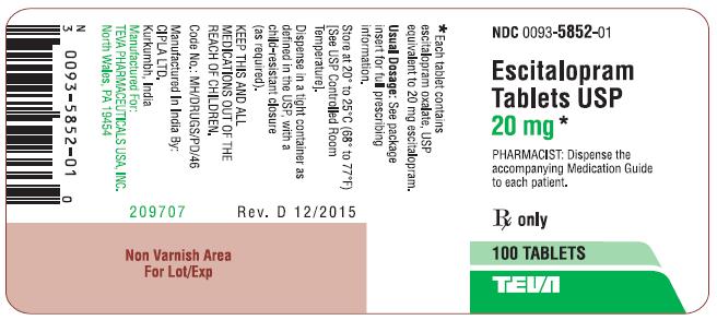 Escitalopram Tablets USP 20 mg 100s Label