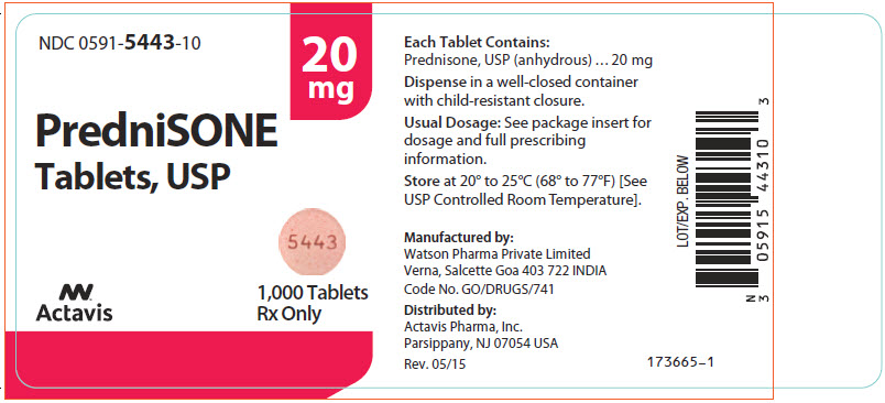 NDC 0591-5443-10 PredniSONE Tablets, USP 20 mg 1,000 Tablets Rx only