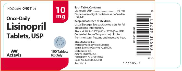 NDC 0591-0407-01 Lisinopril Tablets, USP 100 Tablets Rx Only