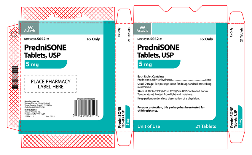 NDC 0591-5052-21 PredniSONE Tablets, USP 5 mg 21 Tablets
